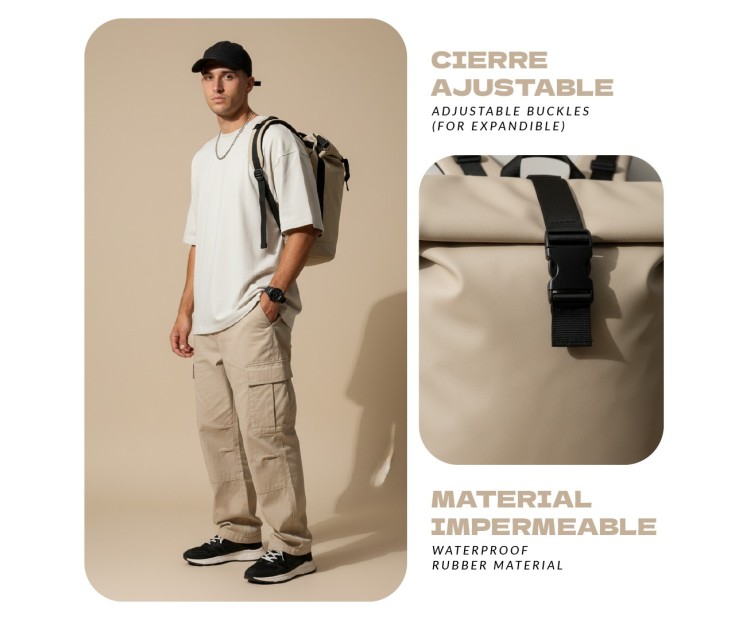 Mochila Voyan TUN Gris | PVC Engomado y Enrollable